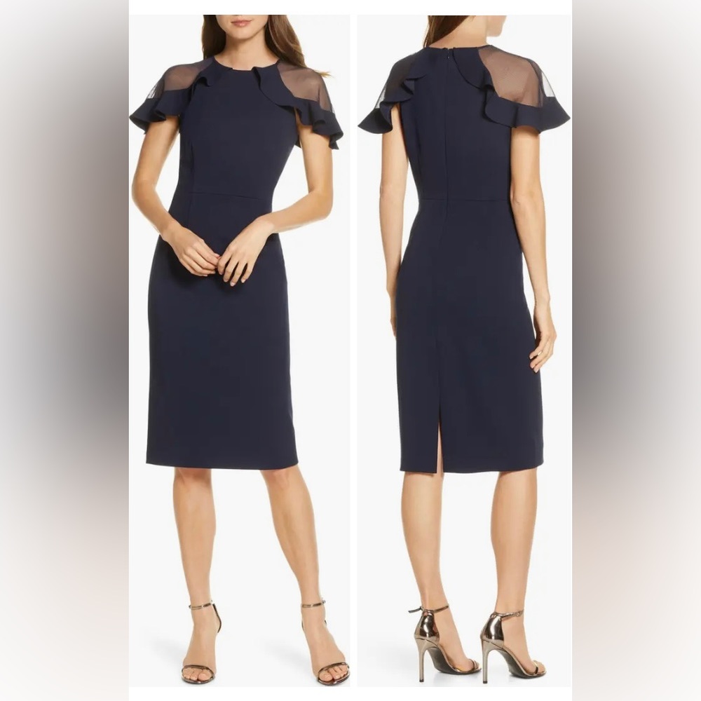 Eliza J Sheer Ruffle Shoulder Cocktail Dress